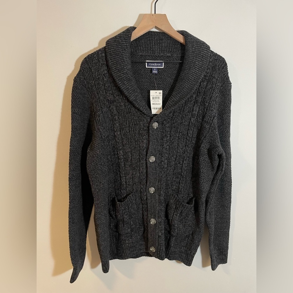 NWT Club Room Men's Chunky Knit Cardigan Gray Size Medium Eclectic Grandpa $75 - Picture 1 of 9